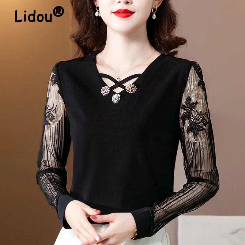 

Sexy Lace Patchwork Elegant Chic Slim Tops Blouses for Women 2023 Spring Summer Fashion Applique Solid Long Sleeve Shirts Blusas