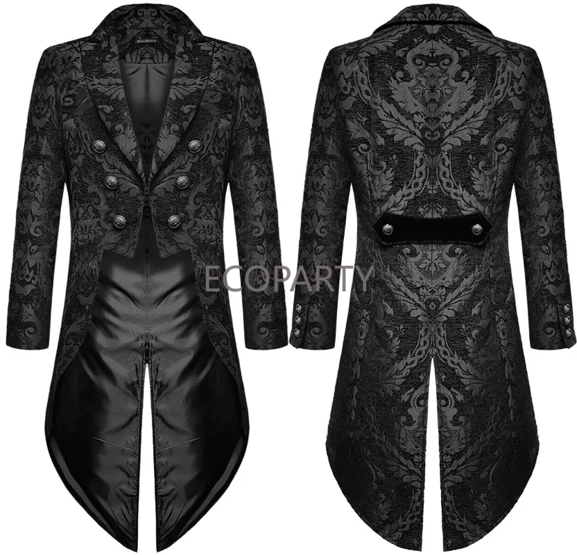 

2023 New Spring Devil Fashion Mens Gothic Steampunk Tailcoat Jacket Black Brocade Damask Wedding Cosplay Costumes