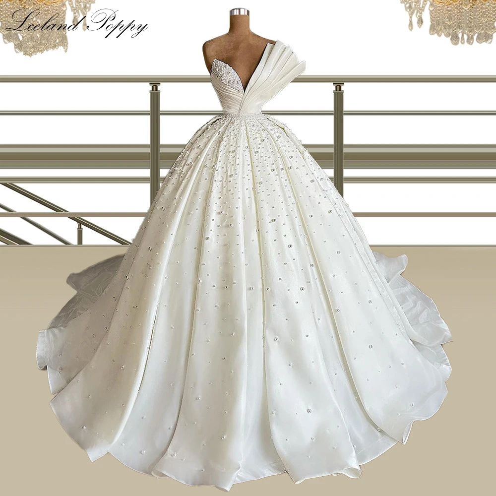 

Lceland Poppy Luxury Ball Gown Satin Wedding Dresses Sleeveless Pearls Beaded Floor Length Pleated Corset Back Bridal Gowns