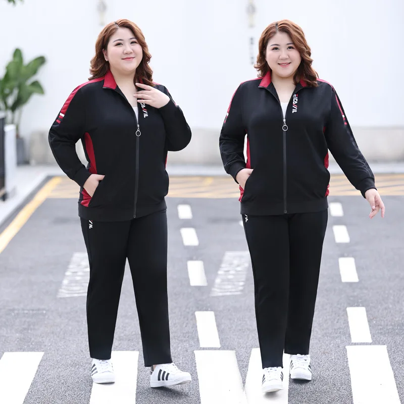 7XL Plus Size Autumn Women Sport Suit Loose Zip Up Jacket Sweatshirt+pant Running Jogger Fitness Workout Casual Set Sportswear