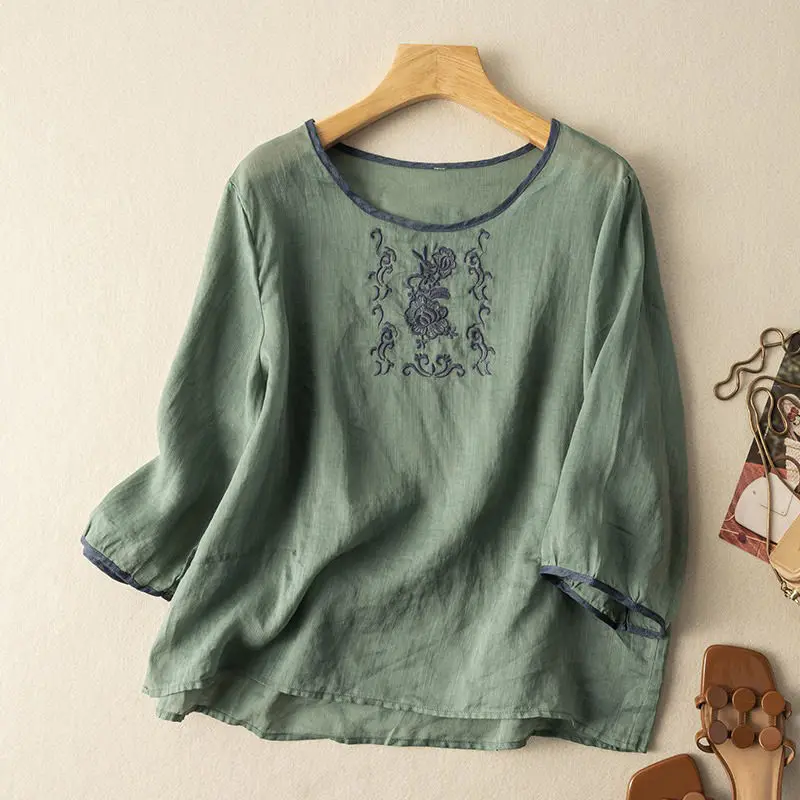 

Casual Loose Cotton Linen Tops Women Crew Neck Blouses Retro Embroidery 3/4 Sleeve Shirts 2023 Spring Autumn Solid Color Blusas