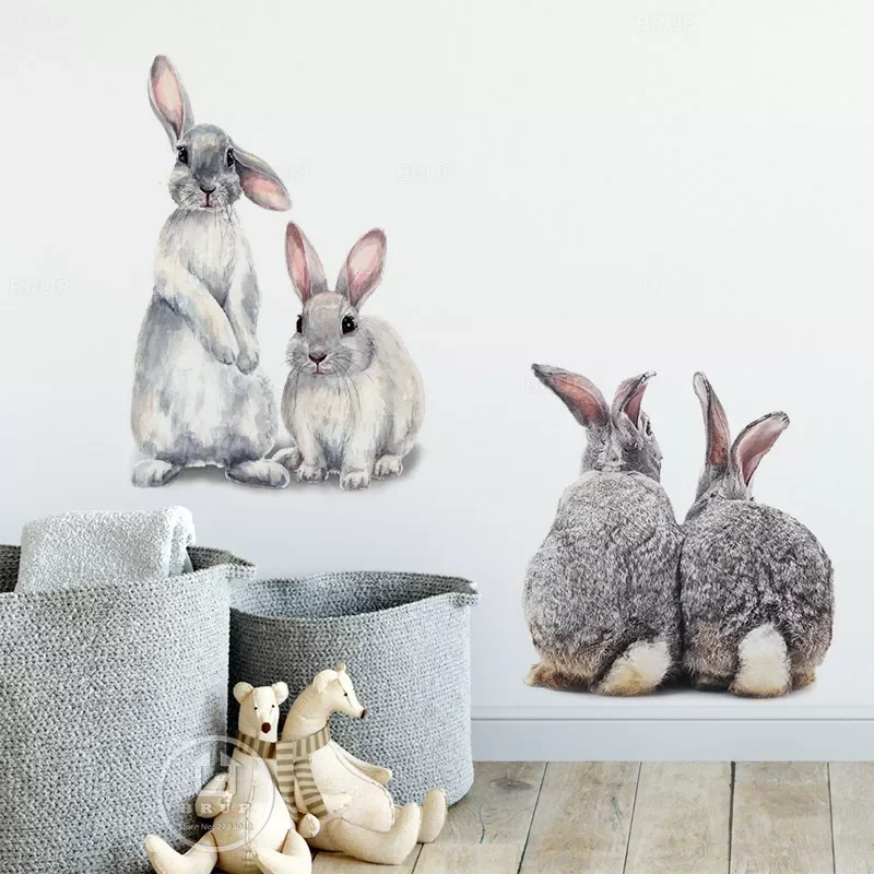 

Cute Two Grey Bunny Rabbit Hares Wall Stickers for Kids Room Baby Nursery Room Decoration Wall Decals Home Decor PVC Removable