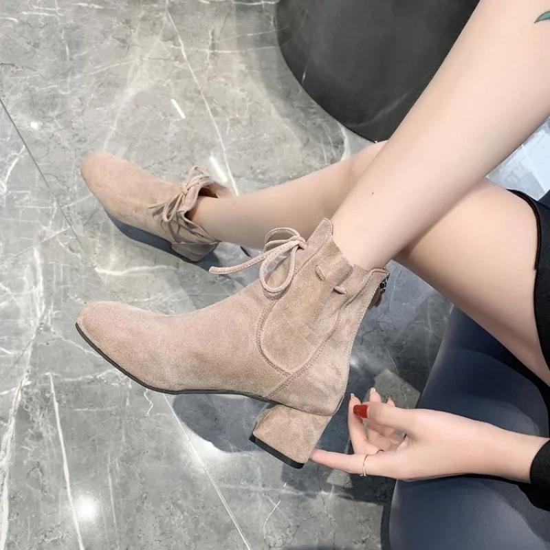 

New Womens High Heel Short Boots Autumn Female Flock Martin Botas Mujer Zipper 7cm Heels Shoes Round Toe Ankle Chelsea Booties