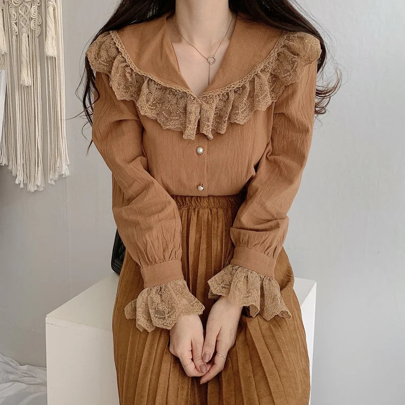 

Korea Chic Spring Lace Top Women Sweet Lapel Button Up Peter Pan Collar White Shirt Long-sleeved Loose Thin Elegant Casual Top