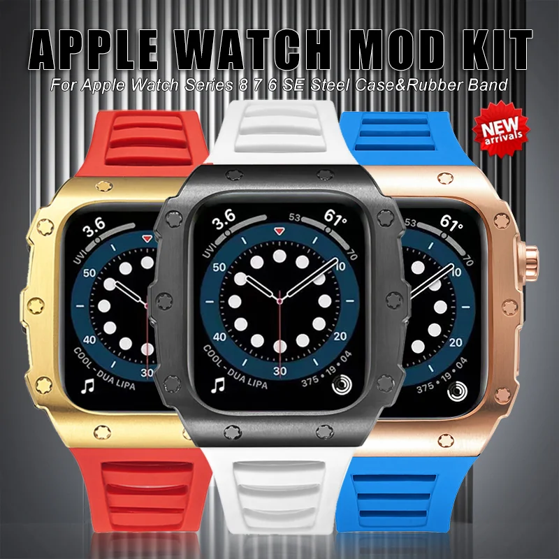 

Роскошный модифицированный комплект для Apple Watch 8 7 45 мм 41 мм, силиконовый ремешок для iWatch серии 6 SE 5 44 мм 40 мм, чехол из нержавеющей стали