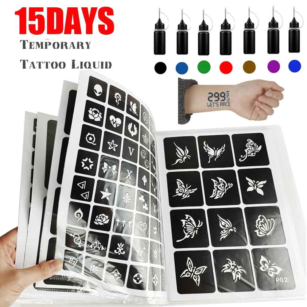 

635 шт. шаблон для татуировки хной с 7 цветными чернилами для татуировки хной, набор шаблонов для татуировок, набор шаблонов для видео с наклей...