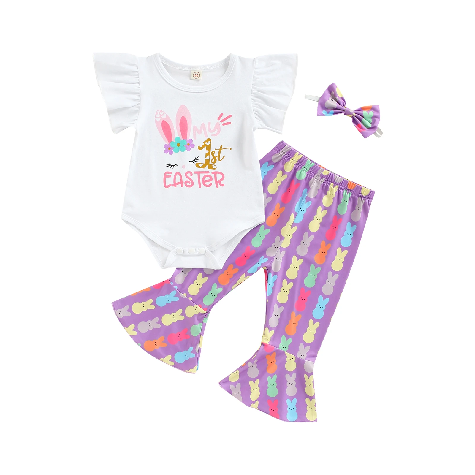 

2022-01-12 Lioraitiin 0-18M Newborn Baby Girl Easter Clothing Set Short Sleeve Letter Rabbits Printed Bodysuit Flared Pant