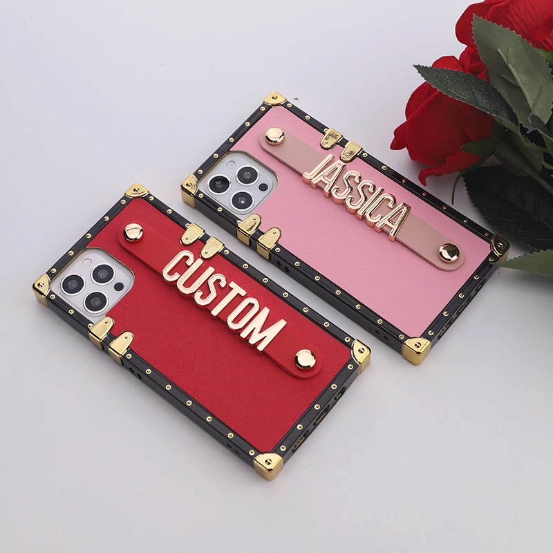 For iPhone 14 14ProMax 14Plus 13Promax 13 12 11 Custom Leather Trunk Case Holding Strap Gold Metal Personalized Name Phone Case