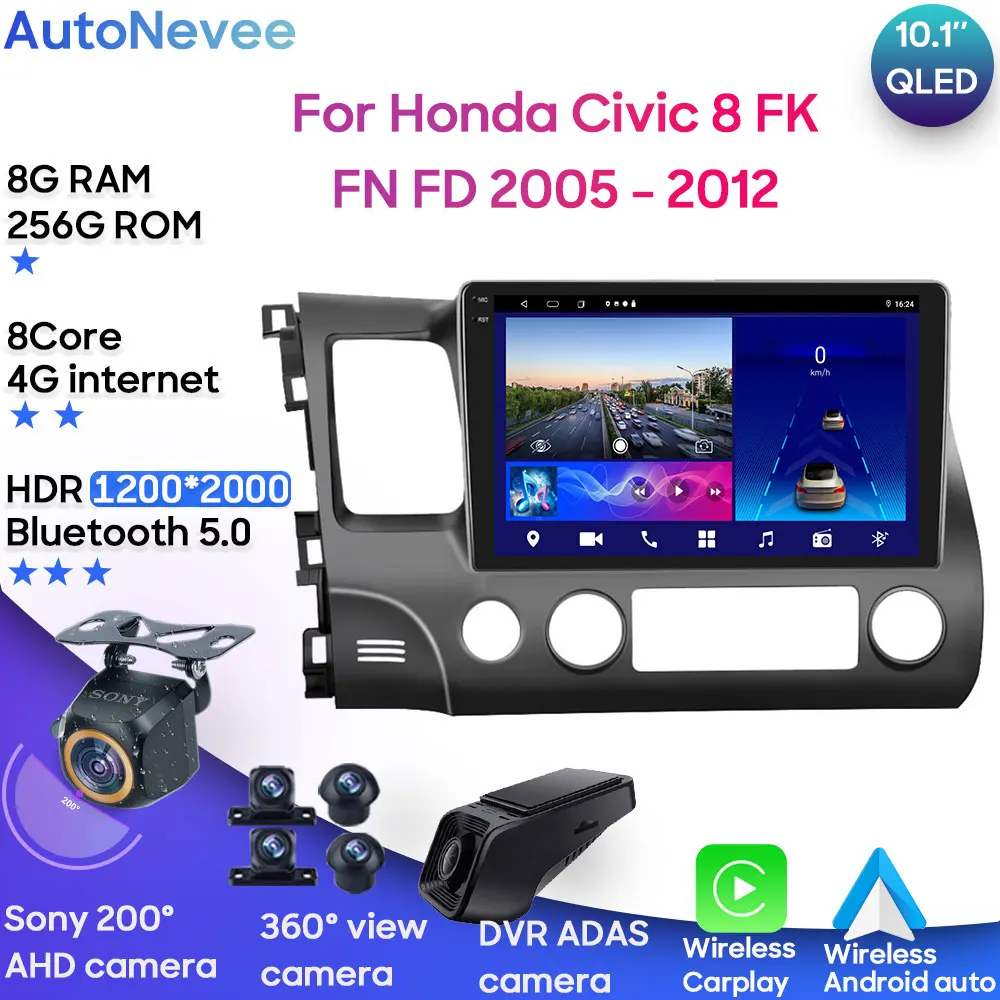 

Автомагнитола для Honda Civic 8 FK FN FD 2005 - 2012 Android 13, автомобильная стереосистема, мультимедийный плеер, GPS, беспроводная, Carplay, Android, авто din