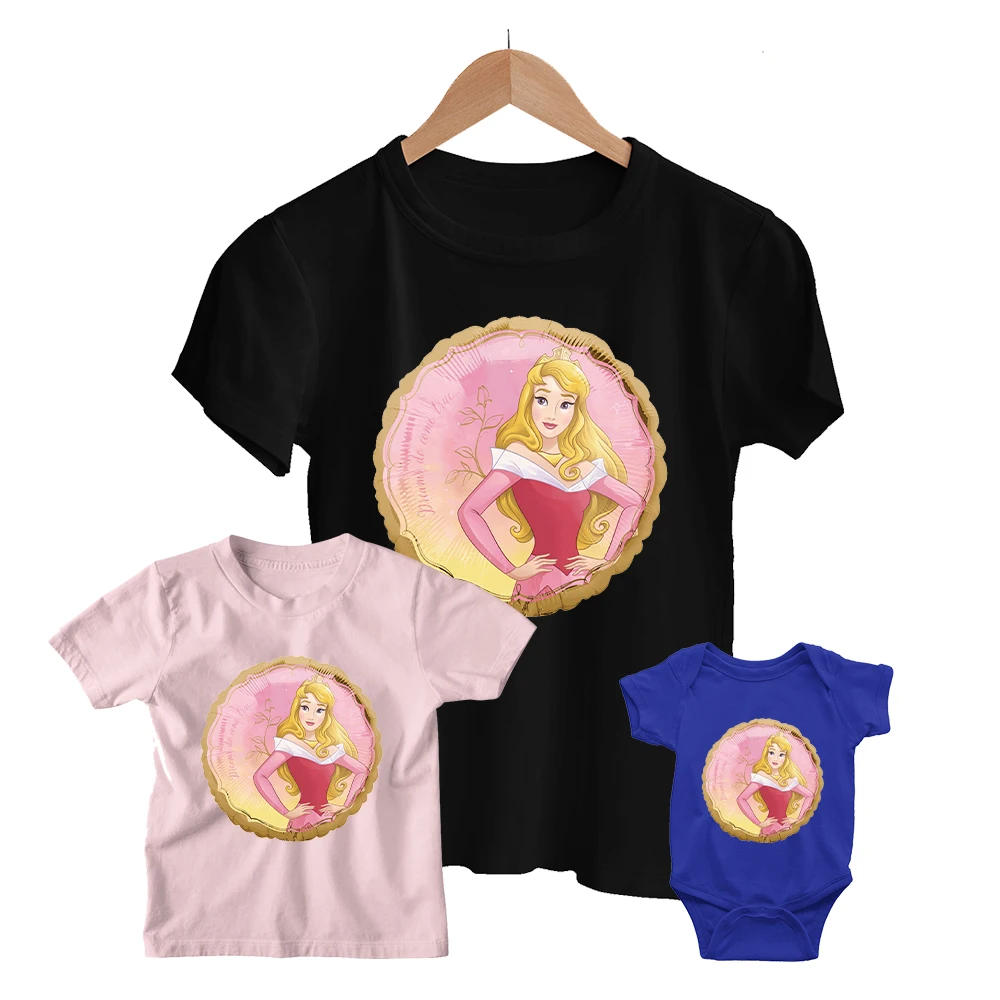

New Disney Sleeping Beauty Princess T-Shirt Casual Kids Short Sleeve Baby Romper Summer Unisex Adult Family Matching Outfit