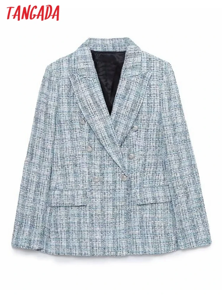 

Tangada Women 2022 Tweed Double Breasted Blazer Coat Vintage Long Sleeve Flap Pockets Female Suit 6P25