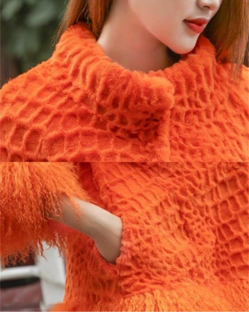 Женская модная шуба из натурального кроличьего меха с рукавами овечьего