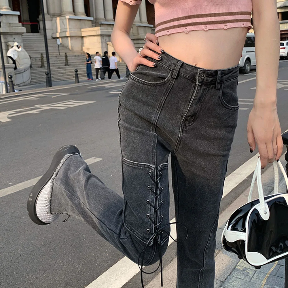 

Vintage Washed Jeans Women Denim Flared Trousers Ladies High Waist 2022 New Asymmetrical Bandage Trouser Female Slit Burrs Pants