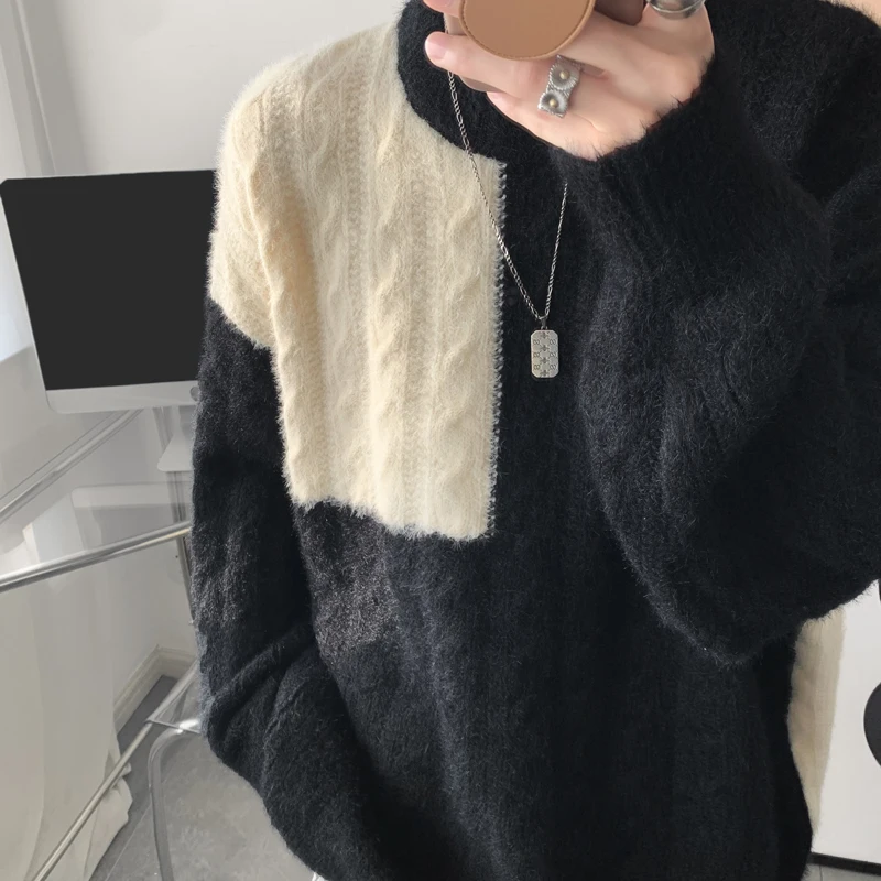 LAPPSTER Winter Patchwork Knitted Sweater Men Luxury Long Sleeve Pullovers 2024 Funny New In Y2k Oversized Graphic Black