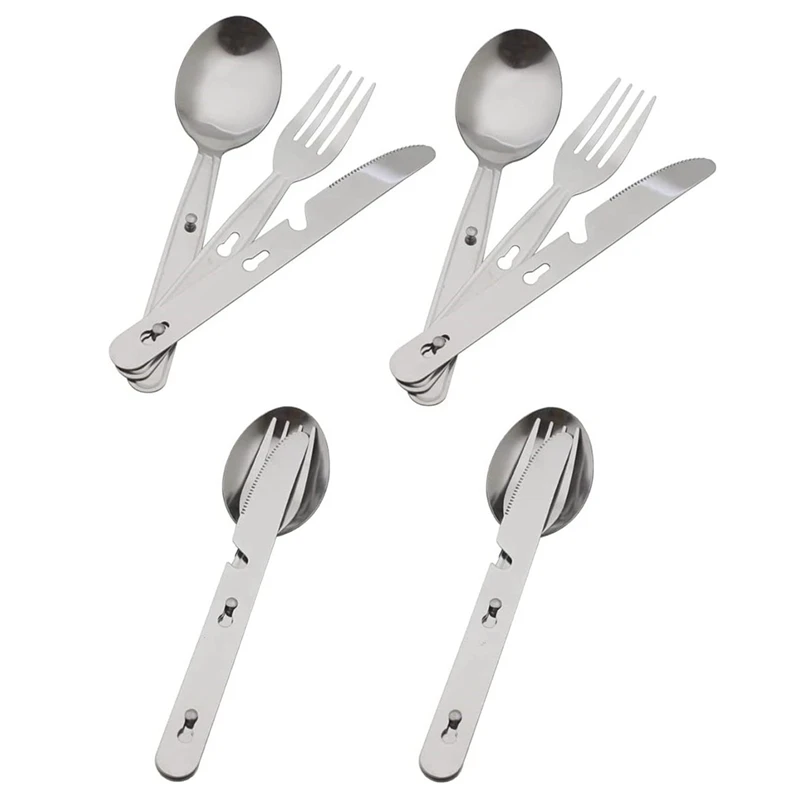 

4-In-1 Camping Utensils Hiking Cutlery, Portable Stainless Steel Flatware Spoon Fork, Knife & Bottle Opener Combo
