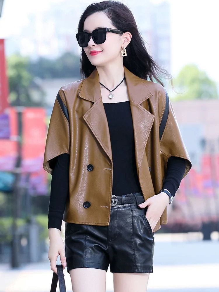 Spring Autumn Lapel Splicing Leather Jacket 2022 New Chic Women Batwing Sleeve Soft Short Sheepskin Coat Casual Loose Outerwear