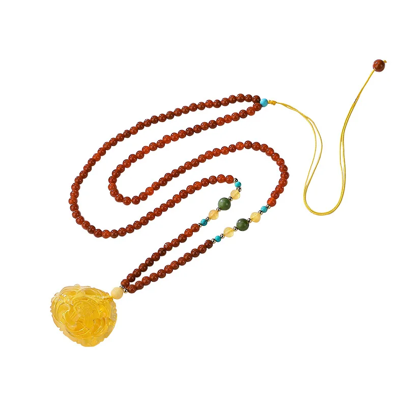 

S925 Sterling Silver South Red Agate natural Beeswax Amber chain set Vintage temperament women's peony Pendant