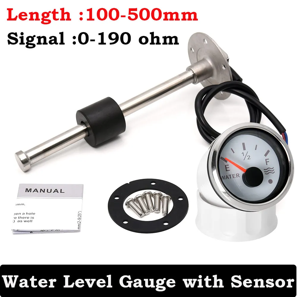 AD 52mm Water Level Gauge with Alarm For 100-500mm Marine Water Level Sensor 0-190 ohm Fit For Boat Car Water Level Gauge 9-32V