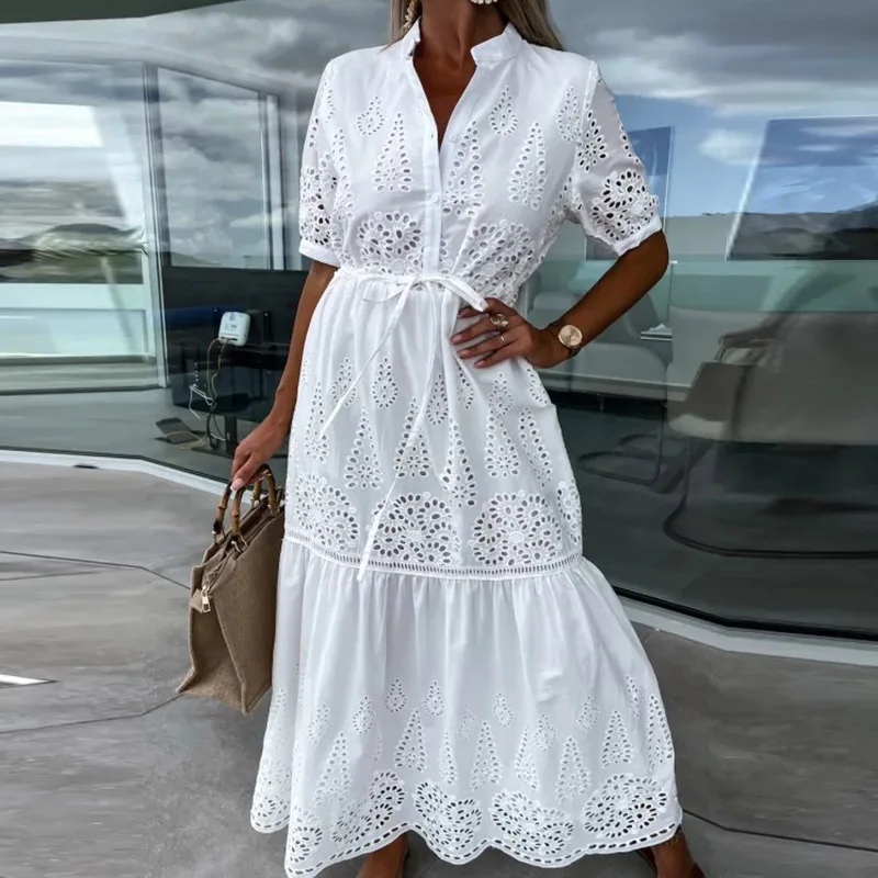 Summer White Embroidery Lace-up Dress New Short Sleeve Jacquard Office Shirt Dress Elegant Stand Collar Holiday Boho Beach Dress