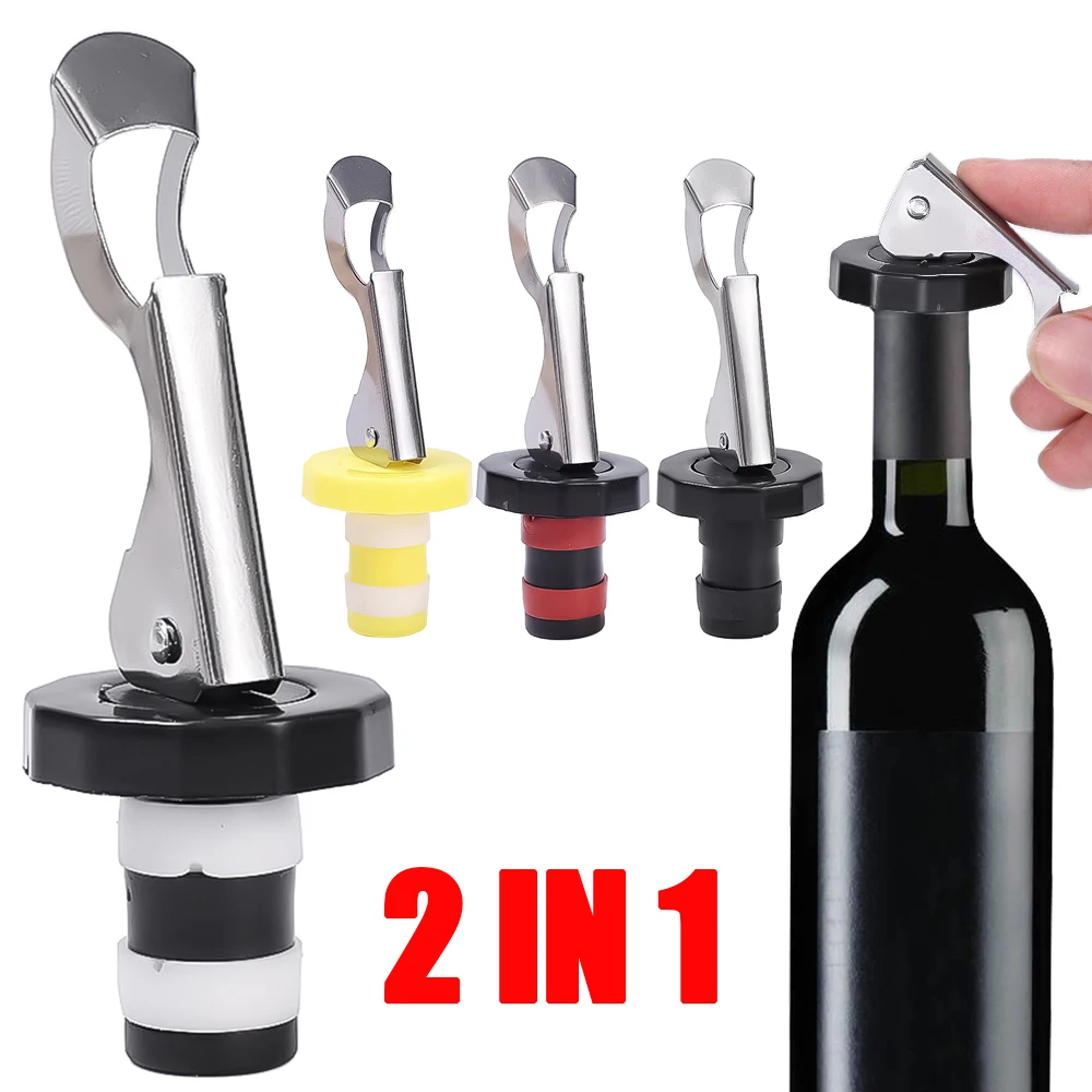 

2 IN 1 Stainless Steel Wine Bottle Stoppers with Bottle Cap Opener Vacuum Sealed Plug Champagne Wine Saver Caps Barware Tools