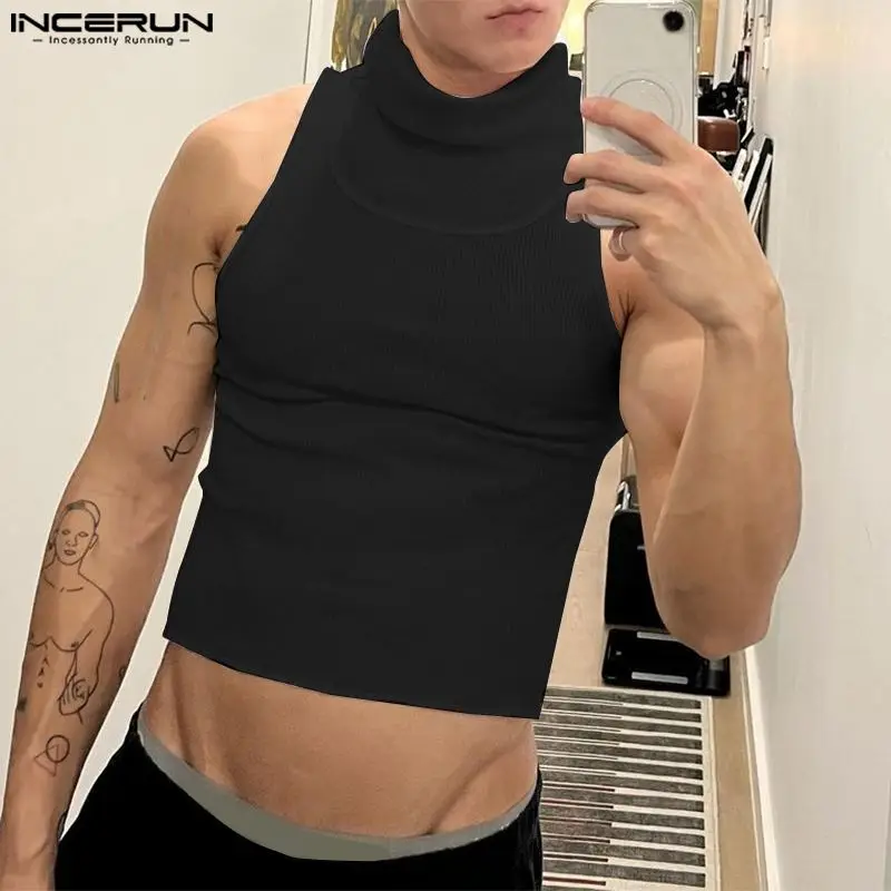 

INCERUN Men Tank Tops Solid Color Turtleneck Sleeveless Fitness Male Vests Streetwear Summer 2023 Sexy Fashion Crop Tops S-5XL