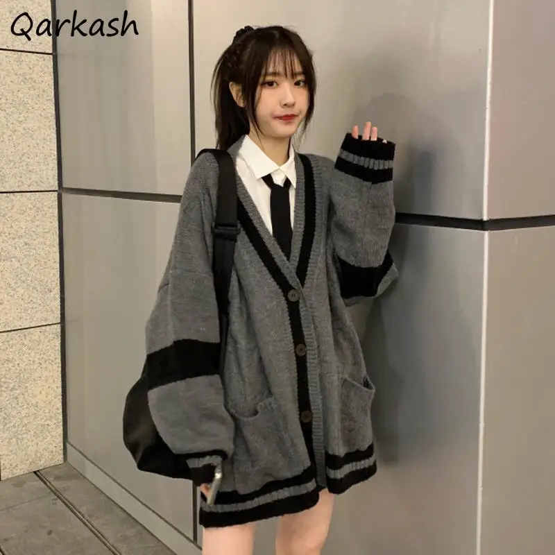 

Cardigan Women All-match Simple Stretchy Casual College Chic Кардиган Женский Autumn New Design Patchwork V-neck Pockets Cozy