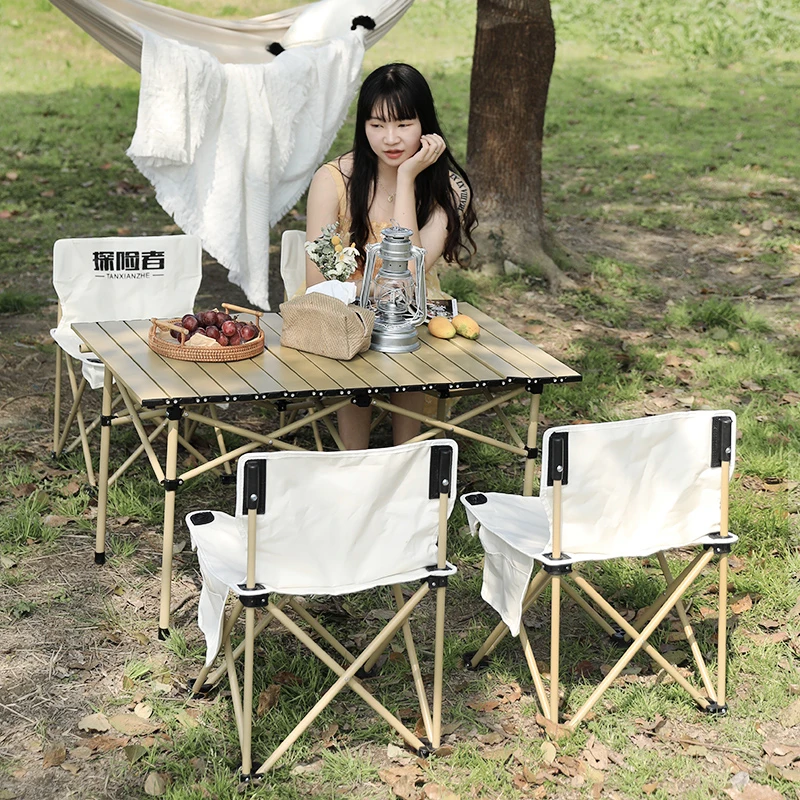 Enlarge Portable Outdoor Aluminum Folding Table and Chair White Folding Set 5in1 with 4 chairs and 1 table