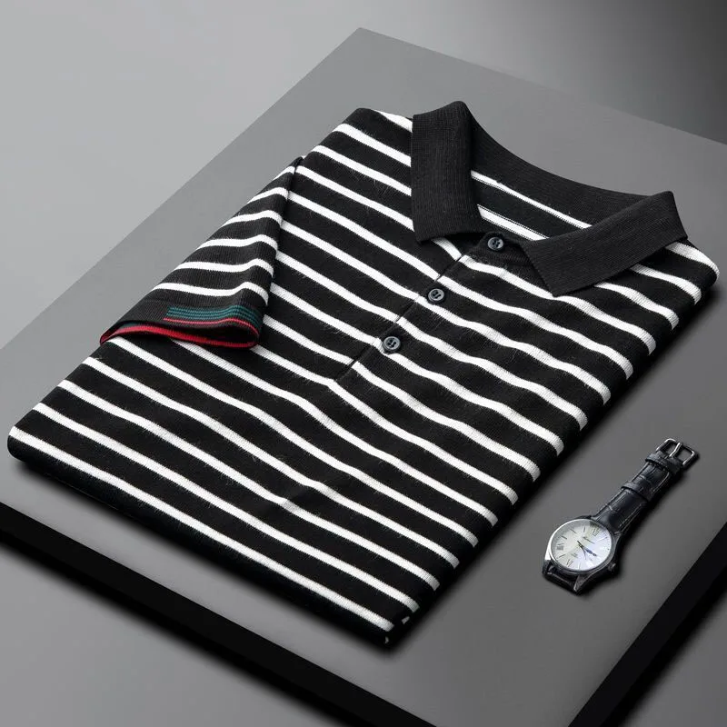 

Summer Thin Ice Silk Short-sleeved Men's t-Shirt Slim Knitted Clothes Men's Trend Hit Color Striped POLO Shirt Dress Shirt Men