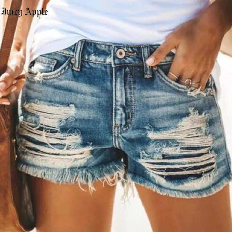 

Juicy Apple Casual High Waist Buttoned Burrs Denim Shorts Women Sexy Ripped Wide-Leg Shorts Korean Irregular Shortss Woman 2022
