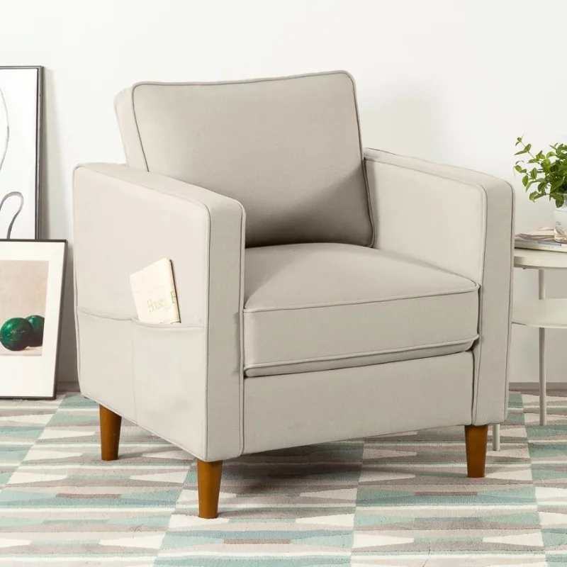 

Modern Fabric Armchair with Armrest Pockets, Sand Gray Beige