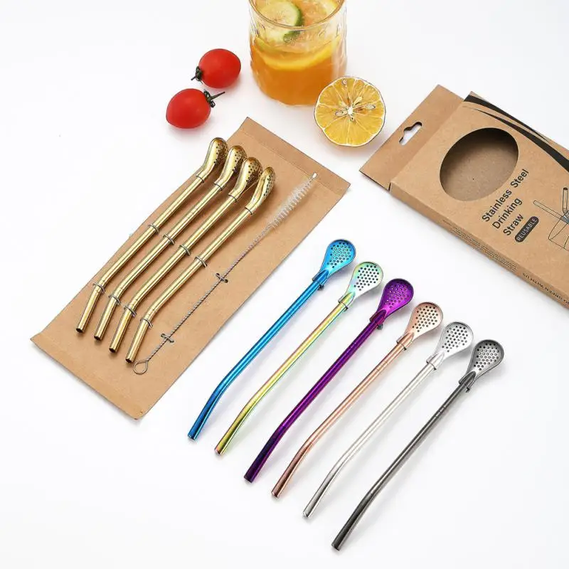 

4PCS 304 Stainless Steel Tea Drinking Straws Spoon Yerba Mate Tea Filter Reusable Bombilla Gourd Tea Tools Bar Accessories