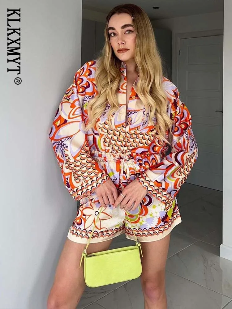 

Women Suit Traf Fashion With Pocket Printed Loose Shirts And High Elastic Waist Drawstring Shorts Woman 2 Pieces Sets