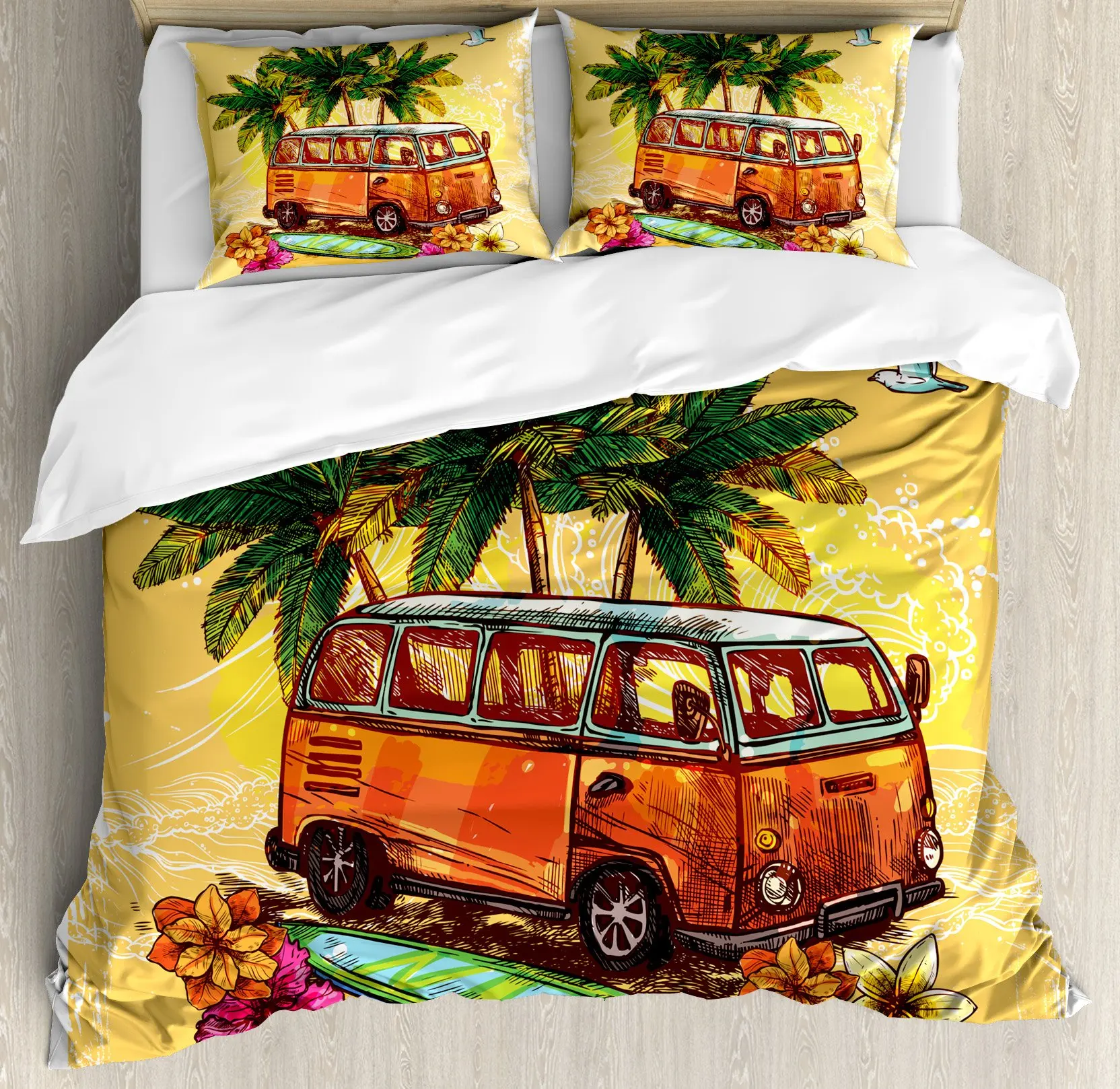 

Surf Duvet Cover Hippie Classic Old Bus Surfboard Freedom Holiday Exotic Life Sketchy Art Yellow Orange Room Decor for Women Men