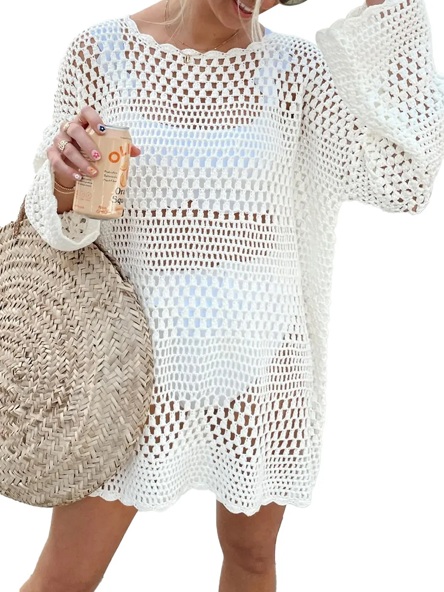 Women Long Sleeve Knit Top Hollow Out Crochet Sweater Bathing Suit Fishnet Pullovers 90s E-Girl Dress Shirt(Apricot L)