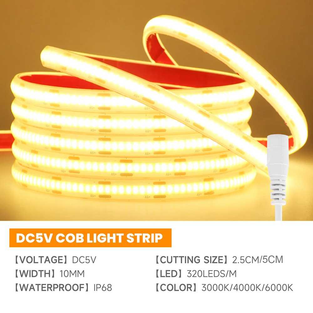 IP68 Водонепроницаемая светодиодная лента COB USB 5 В 12 24 3000 К 4000 6000 Гибкая клейкая