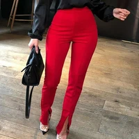 women new autumn casual tight fit leg opening split pants solid color ol high waist fashion streetwear trousers red black khaki