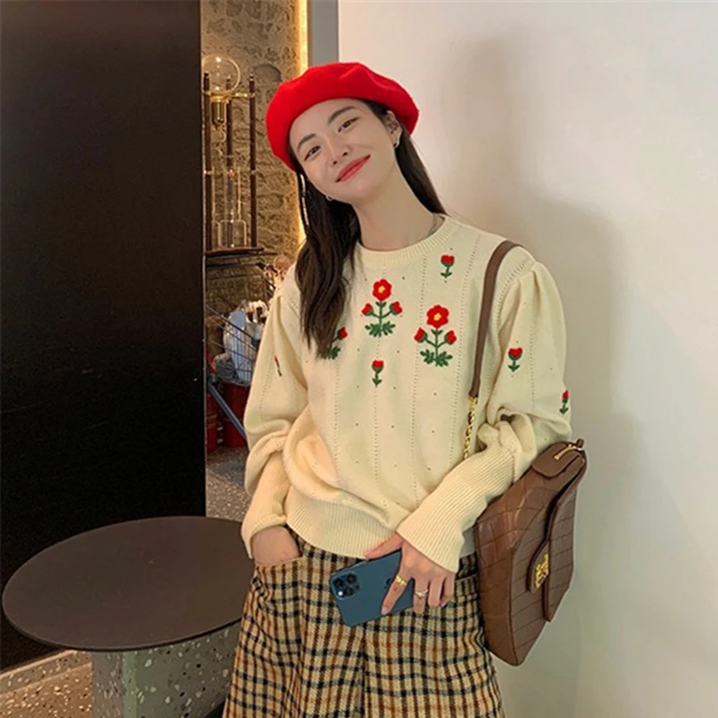 

Sweet Sweaters Women Flower Print O-Neck Lantern Sleeve Loose Pullovers Women Spring Korean Fashion Elegant Knitwear Female Y928