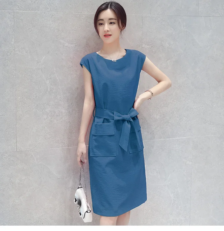 

Summer 2022 Sleeveless Dress Elegant Medium Length Breathable Skirt Slim Solid Skirt Fashion Pocket Bandage