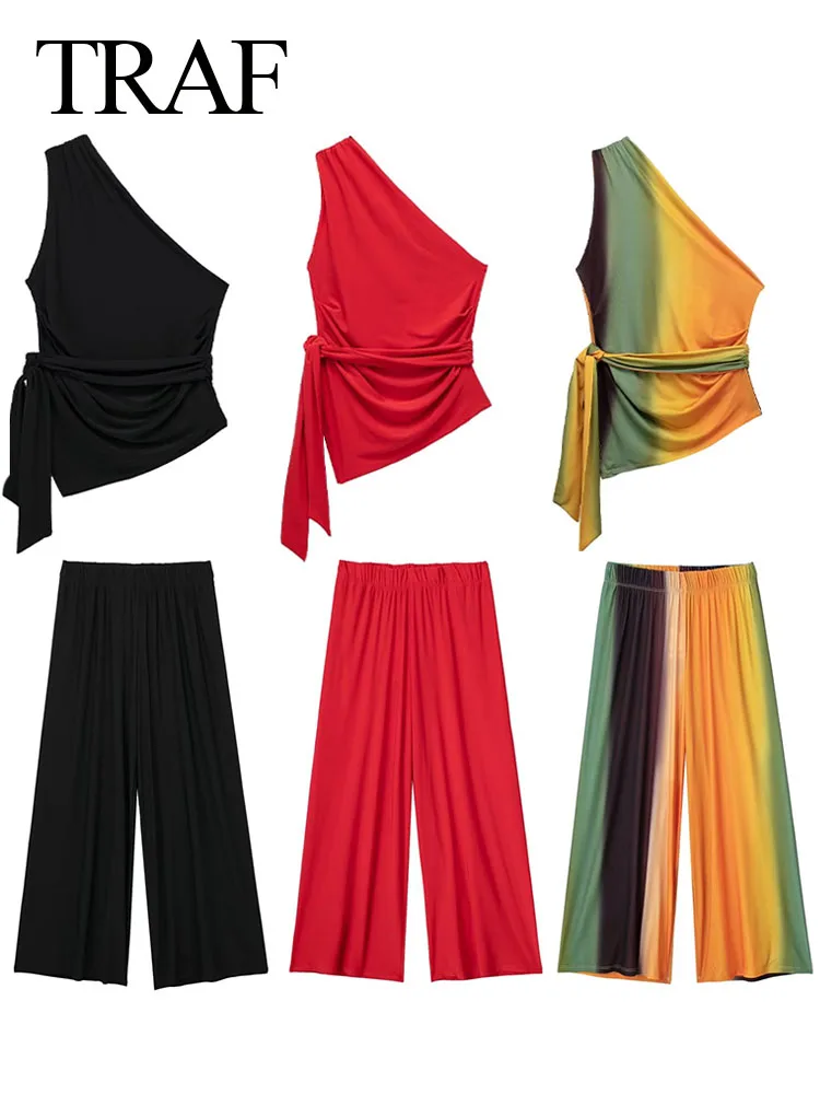 

TRAF Fashion Women's Elegant Vintage Two Piece Suit Sexy Backless Asymmetrical Tops＋Elastic Waist Wide Leg Pants Slim Long Pants