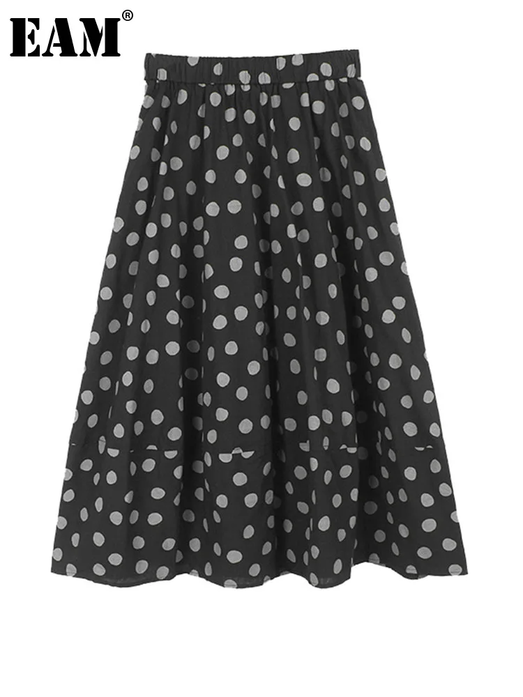 

[EAM] Women High Elastic Waist Black Dot Plaid Long Casual Half-body Skirt Vintage Fashion Tide New Spring Summer 2023 1DF8647