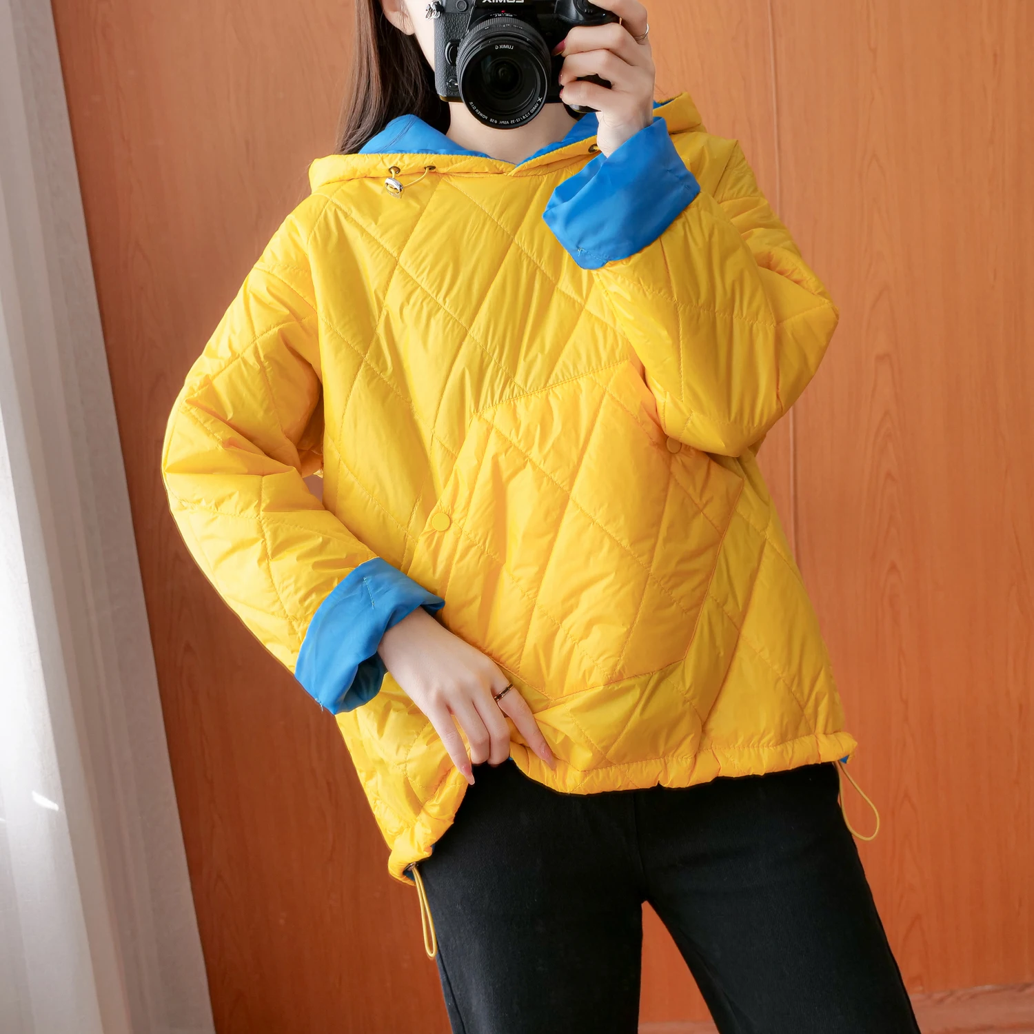 Plus Size Women's Winter Korean Style Casual Contrast Color Stitching Quilted Rhombus A Lightweight Hooded Down Jacket