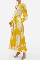 2022 new spring yellow long sleeves cotton japanese print button high waist dress fashion elegant party dresses woman dress