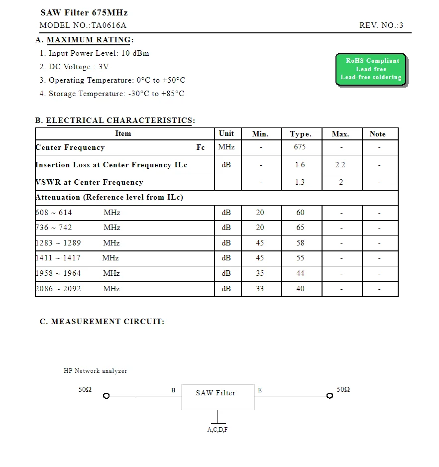 10 шт. TA0616A код 6л новый оригинальный 675 МГц упакованный SMD пильный фильтр