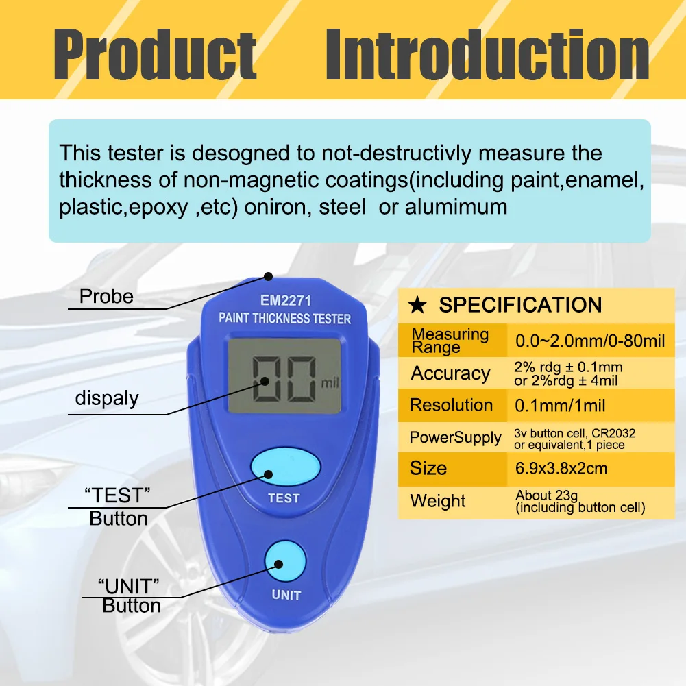 

GM200/EM2271 Russian English Manual Coating Painting Thickness Gauge Tester Ultrasonic Film Mini Car Coating measure Paint Gauge