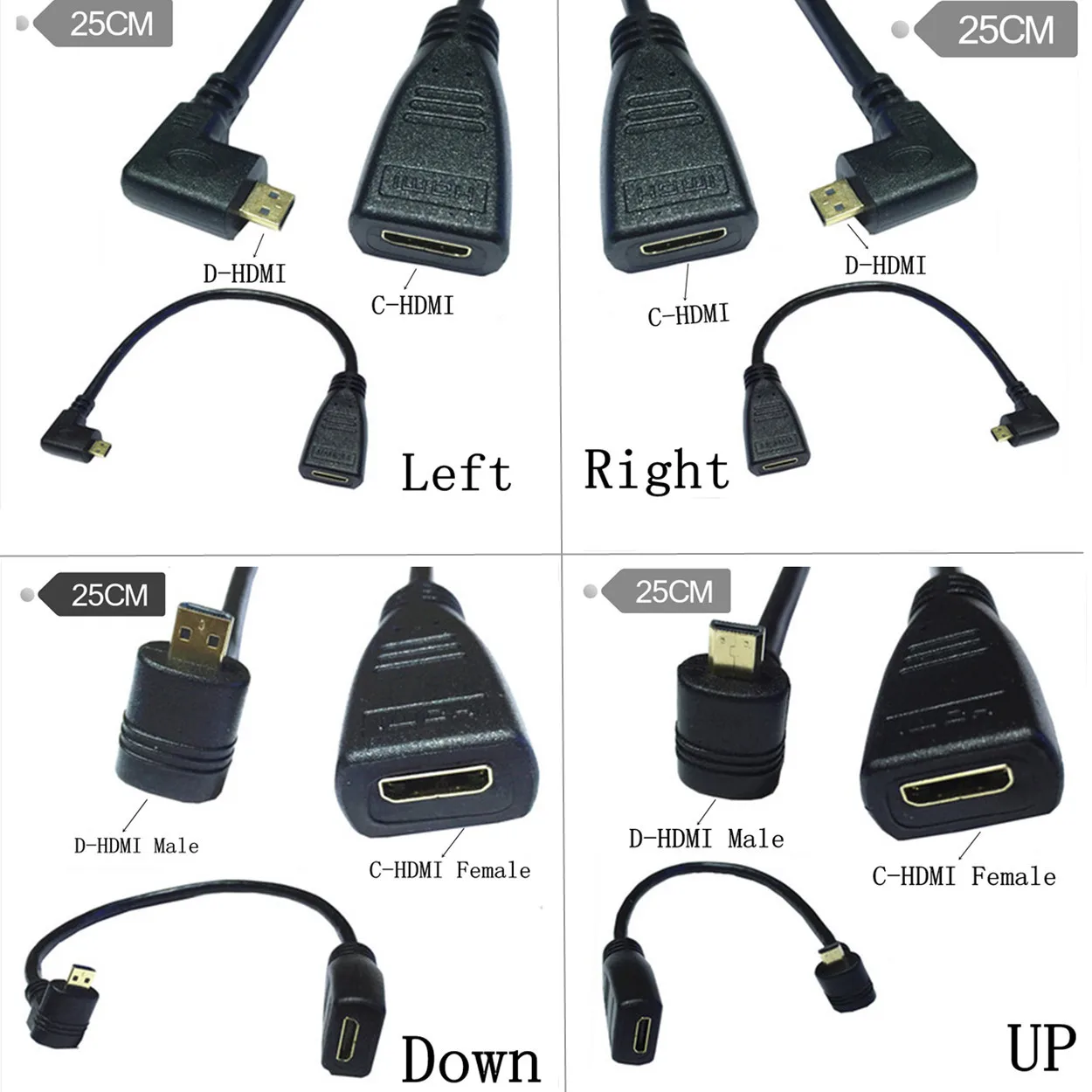 

90 Degree Angle Micro HDMI Compatible 1.4 Male D Type to Mini HDMI 1.4 Female Type C Extension Cable for Laptop HDTV 0.25m