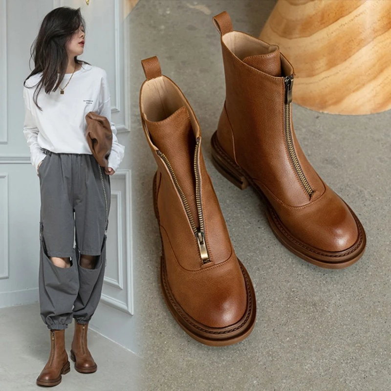 

Split Leather Boots New Winter Shoes Women Round Toe Thick Heel Women Shoes 2021 Women Zipper Short Boots Womens Designer Boots