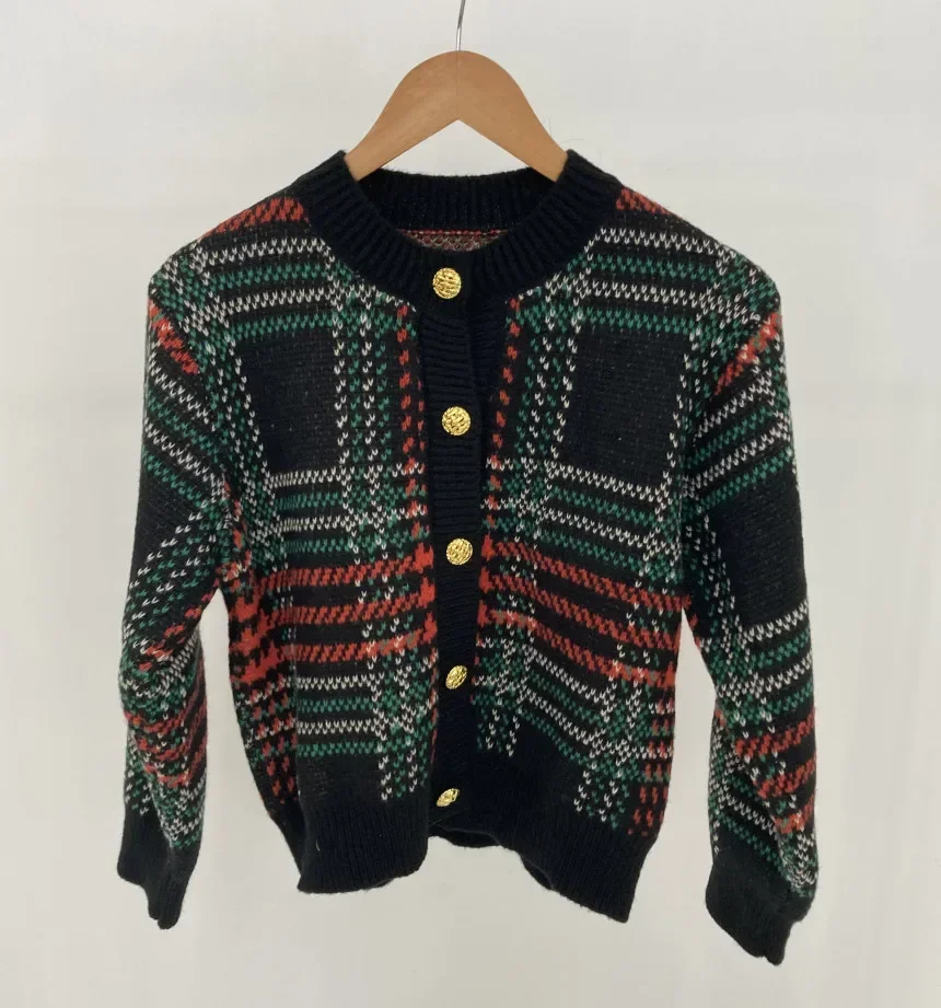 Вязаный осенний свитер пальто женская трикотажная одежда в полоску и клетку с