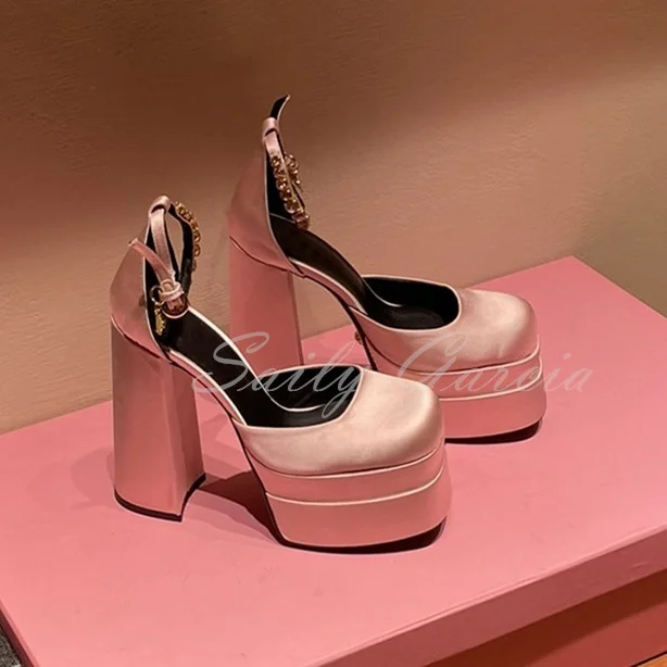 Satin Super High Heels Square Toe Platform Sandals Women Ankle Strap Party Wedding Shoes Mary Jane Chunky Heel Female Shoes
