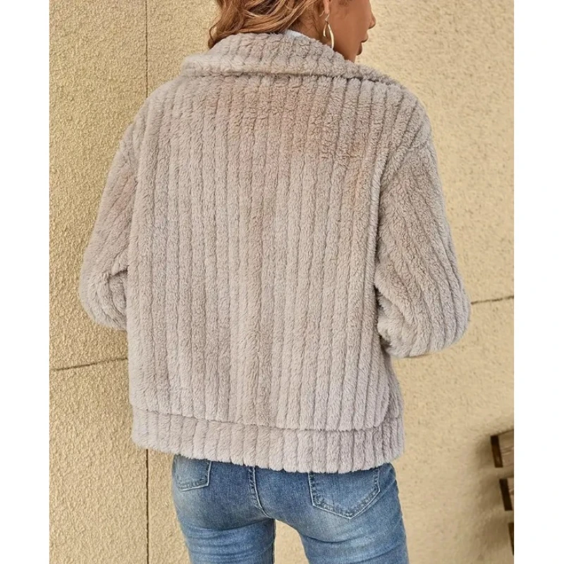 Женский Плюшевый Кардиган Короткое Пальто С Отложным Воротником Однотонный