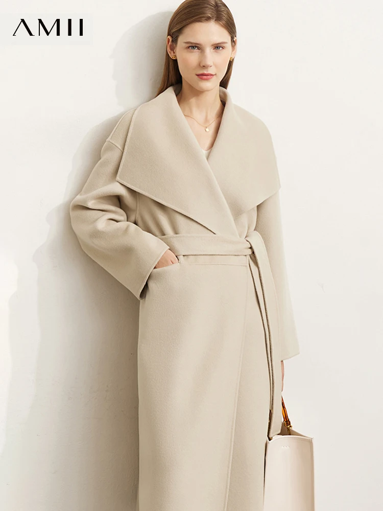 

AMII минималистские 100% шерстяные пальто для женщин 2022 зимнее теплое однотонное пальто на шнуровке с отложным воротником 12241039